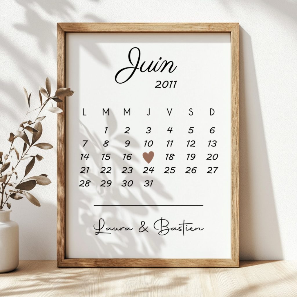 Affiche calendrier avec date entourée cœur pour un événement spécial.