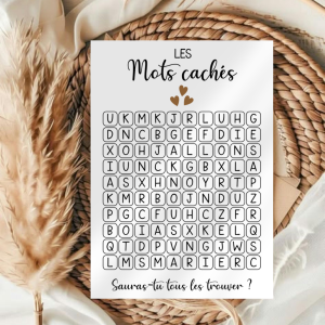 Affiche mots cachés personnalisée avec grille de lettres jeu familial