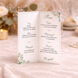 Menu mariage floral intérieur – mise en page repas et boissons – design romantique vert sauge