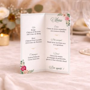 Menu mariage floral intérieur – mise en page repas et boissons – design romantique vert sauge