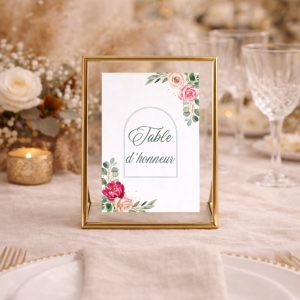 Numéro de table mariage boho floral avec cadre verre doré – Table d'honneur