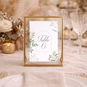 Numéro de table mariage boho floral avec cadre verre doré – Table 6